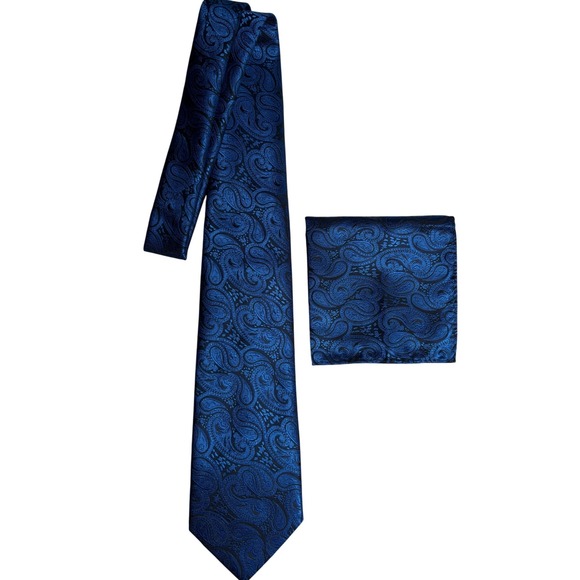 Vittorio Farina Italian Designer Blue Paisley Necktie & Pocket Square tie set - Picture 1 of 8